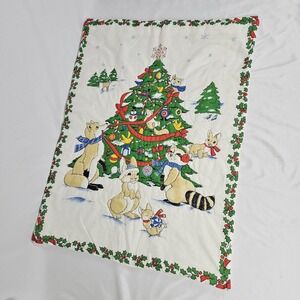 Vintage Christmas Tree Baby Blanket Handmade Quilted Racoon Rabbit 29x38